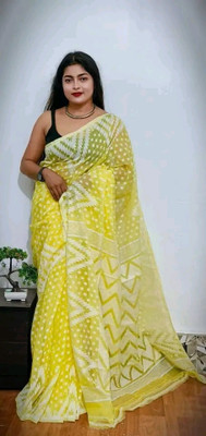 Shyamali Boutique Self Design Jamdani Cotton Blend Saree(Yellow)