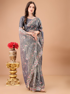 SPAREN CREATION Embroidered Bollywood Net Saree(Grey)