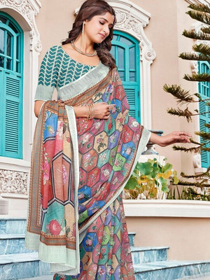 ANOUK Printed Daily Wear Linen Saree(Blue)