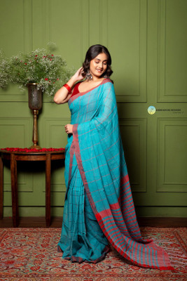 ARDHANGINI DESIGNS Checkered Handloom Pure Cotton Saree(Green)