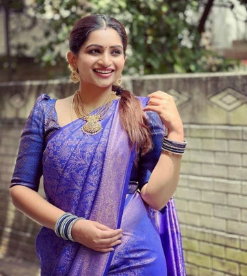Flosive Striped Banarasi Pure Silk Saree(Blue)