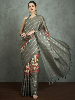 Divastri Printed Hand Batik Cotton Blend Saree(Light Green)