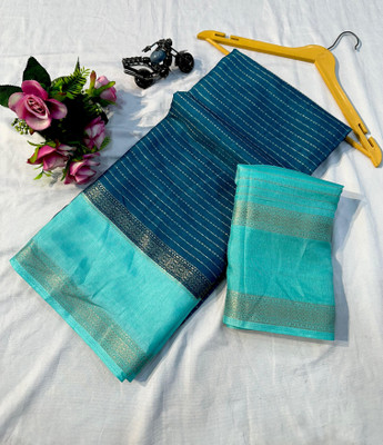 Anuradha Enterprise Striped, Embellished Mysore Silk Blend Saree(Blue)