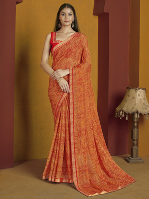 Divastri Floral Print, Geometric Print, Digital Print, Printed Bollywood Chiffon Saree(Orange)