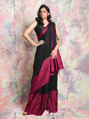 ADbutiq Woven Tant Pure Cotton Saree(Black)