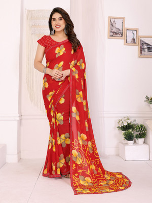kashvi sarees Floral Print Saree with Attached Blouse Georgette, Lace Saree(Red)