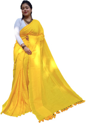Monde Avenir Solid/Plain Handloom Pure Cotton Saree(Yellow)
