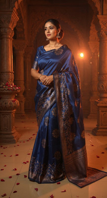 VEERACOLLECTION Printed Banarasi Jacquard Saree(Blue)