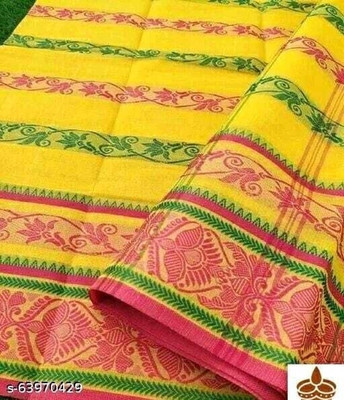Sthaker Self Design Tant Cotton Blend Saree(Yellow)
