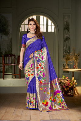 LeeliPeeri Designer Woven Paithani Cotton Silk Saree(Blue)