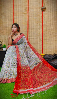 maadurga Printed Madhubani Cotton Silk Saree(Red, Multicolor)
