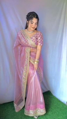 Vinayak Textile Embroidered Bollywood Tissue, Silk Blend Saree(Pink)