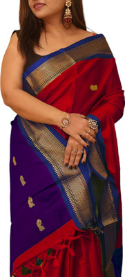 NST5 Printed, Woven Paithani Cotton Silk Saree(Red, Dark Blue)