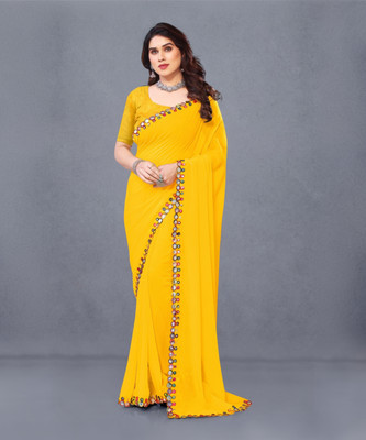Herink Fashion Solid/Plain Bollywood Georgette Saree(Yellow)