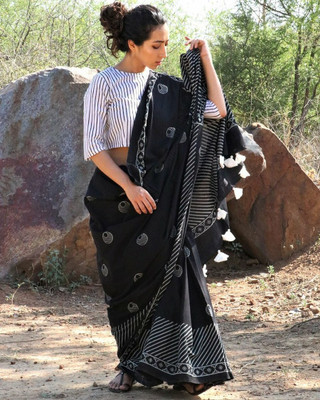 Pinkcity Trade World Printed Daily Wear Pure Cotton Saree(Black)