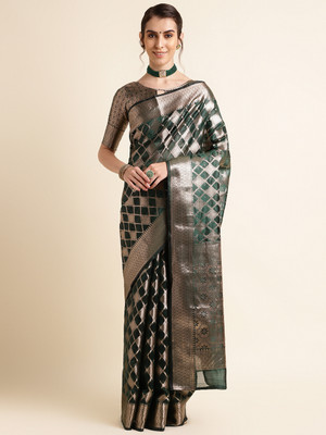 HouseOfCommon Woven Bollywood Organza, Net Saree(Dark Green)