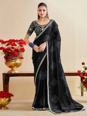 ROOP SUNDARI SAREES Printed, Embroidered Bandhani Chiffon Saree(Black)