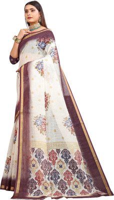 HangerStories Printed Kanjivaram Pure Cotton, Cotton Linen Saree(Cream)