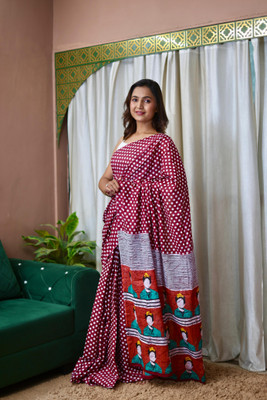 Divastri Polka Print Daily Wear Cotton Blend Saree(Red)