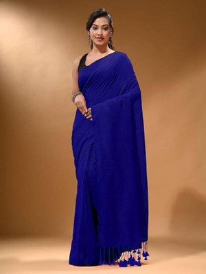 saree star Solid/Plain Handloom Cotton Blend Saree(Blue)