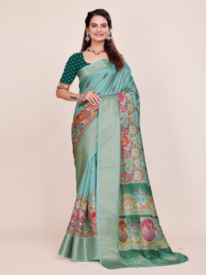 MAHARANI04CREATION Digital Print, Floral Print, Paisley, Woven Daily Wear Art Silk, Jacquard Saree(Pack of 2, Light Blue)