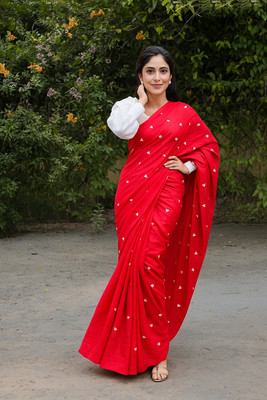 AMRUTKALA SAREES Printed Bollywood Cotton Linen Saree(Red)