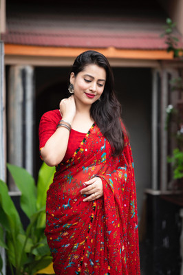 Dhanlaxmi CreationLLP Printed, Temple Border Kalamkari Georgette Saree(Maroon)