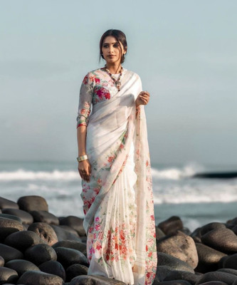 STAVA CREATION Digital Print Bollywood Linen Saree(White)