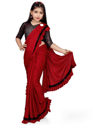 HARIOM FASHION Solid/Plain Bollywood Lycra Blend Saree(Red)