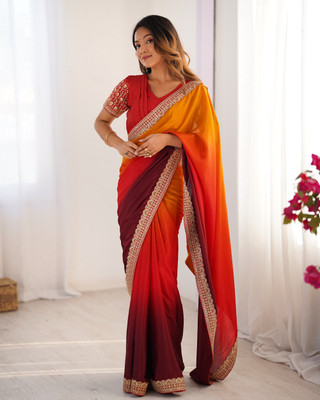 Sajavat Solid/Plain, Embroidered, Embellished Bollywood Silk Blend Saree(Orange, Brown)