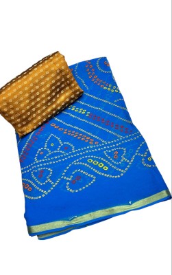 Stylish Sarees Printed Bandhani Viscose Rayon, Georgette Saree(Light Blue, Gold)