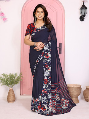 Anand Sarees Striped, Floral Print Daily Wear Georgette Saree(Dark Blue)