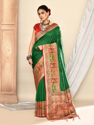Elora Solid/Plain Banarasi Silk Blend Saree(Dark Green)