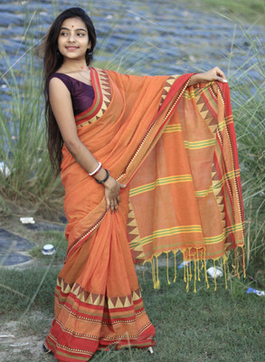 BongAp Color Block Handloom Cotton Blend Saree(Grey)