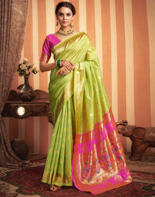 Samah Dyed, Woven, Self Design Banarasi Silk Blend Saree(Light Green, Gold)