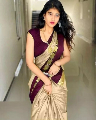 Vishal Creations Woven Banarasi Cotton Silk Saree(Beige)