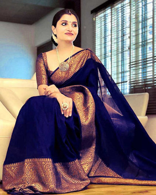 antra creation Self Design Banarasi Cotton Silk Saree(Dark Blue)