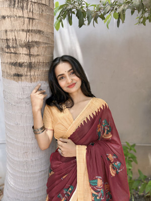 SMC Printed Daily Wear Pure Cotton Saree(Maroon)