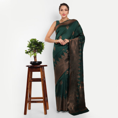 KH Enterprise Self Design Banarasi Silk Blend, Polyester Saree(Green)