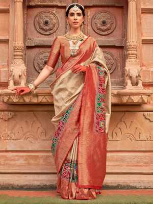 ANOUK Woven Patola Silk Blend Saree(Cream)