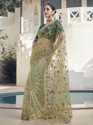 odette Embroidered Saree with Attached Blouse Net Saree(Pack of 2, Light Green)