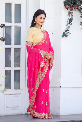 PRETTYAGE Embroidered Bollywood Georgette Saree(Pink)