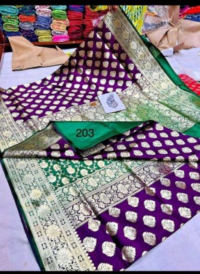 Happy Creation Self Design Banarasi Handloom Pure Silk Saree(Dark Blue, Green)