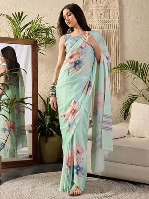 Sareemall Printed Hand Batik Georgette Saree(Light Blue)