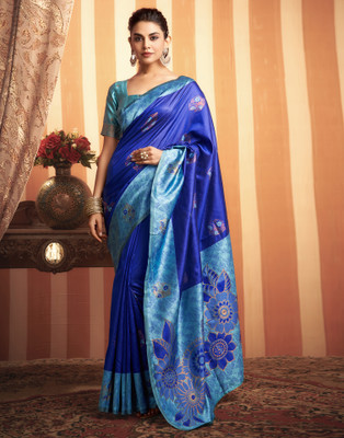 Samah Dyed, Self Design, Woven Banarasi Silk Blend Saree(Dark Blue, Light Blue)