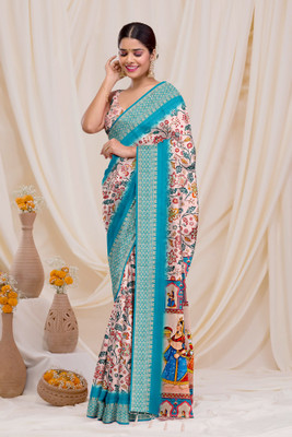 DNKAFASHION Digital Print Bollywood Cotton Silk Saree(Light Blue)