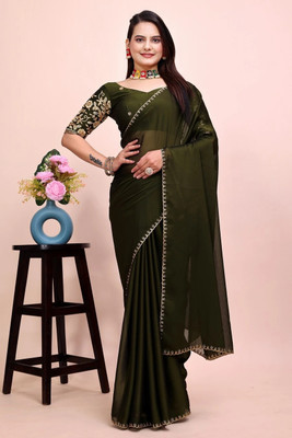 JIVI CLOTHING Solid/Plain Bollywood Chiffon Saree(Dark Green)