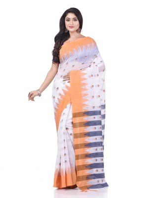 Desh Bidesh Printed Tant Pure Cotton Saree(White, Orange)