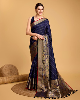 ZIBLON Self Design Patola Silk Blend Saree(Dark Blue)