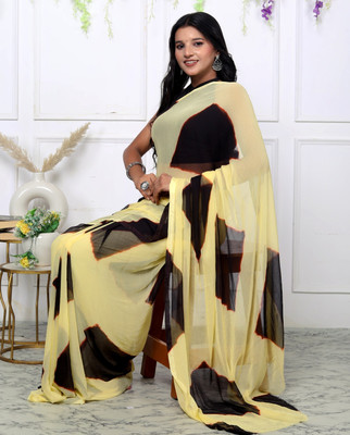 HouseOfCommon Color Block Bollywood Chiffon Saree(Yellow, Brown)